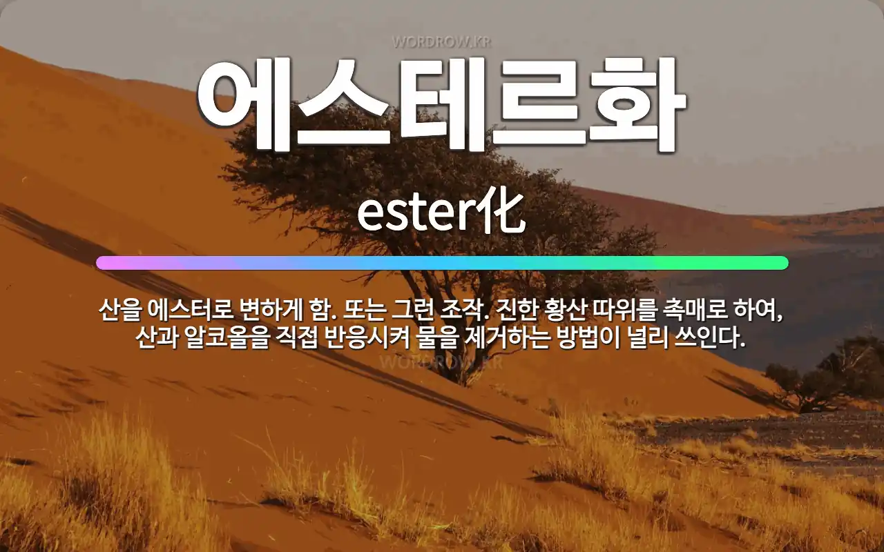 에스테르화 ester化: 산을 에스터로 변하게 함. 또는 그런 조작. 진한 황산 따위를 촉매로 하여, 산과 알코올을 직접 반응시켜 물을 제거하는 방법이 널리 …