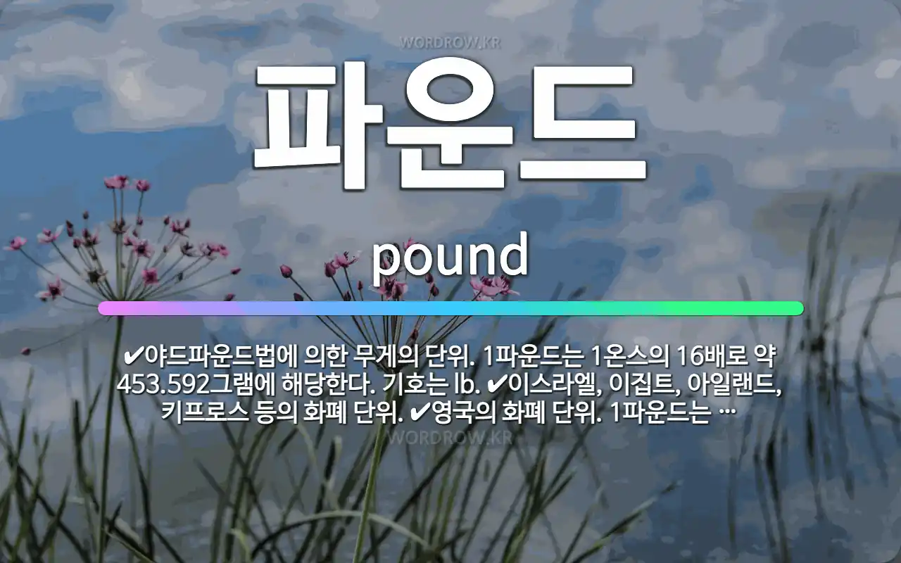 🌟파운드: 야드파운드법에 의한 무게의 단위. 1파운드는 1온스의 16배로 약 453.592그램에 해당한다.... - 표준국어대사전